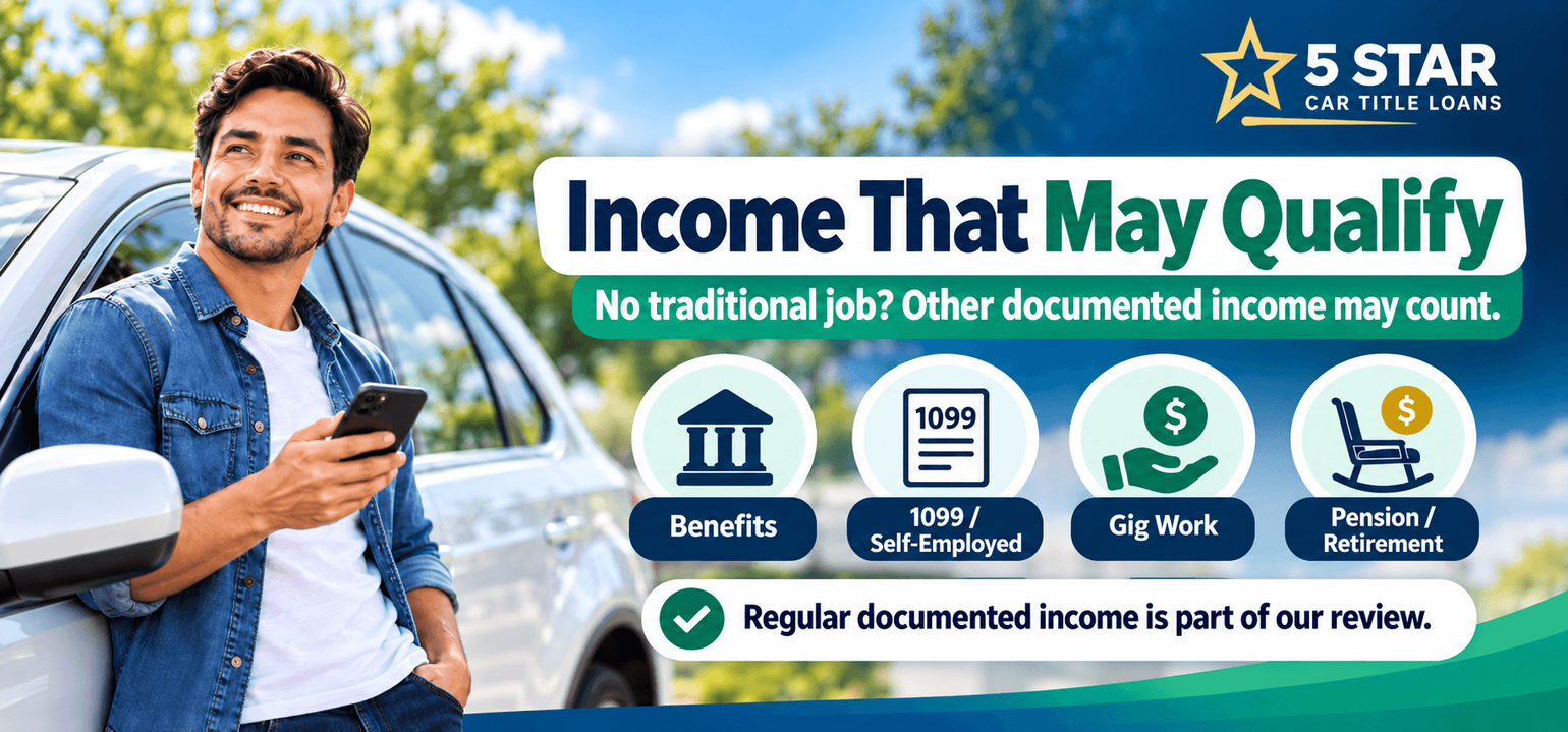 Alternative income sources that may qualify for a title loan, including benefits, 1099 income, gig work and retirement income
