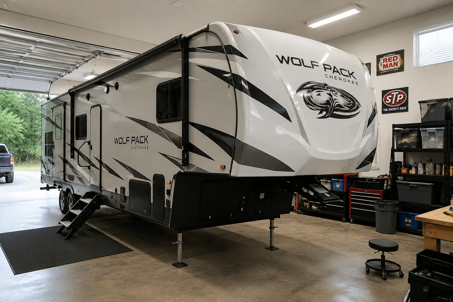 2019 Forest River Cherokee Wolf Pack toy hauler fifth wheel parked in a garage, white exterior with bold black graphics and Wolf Pack Cherokee logo