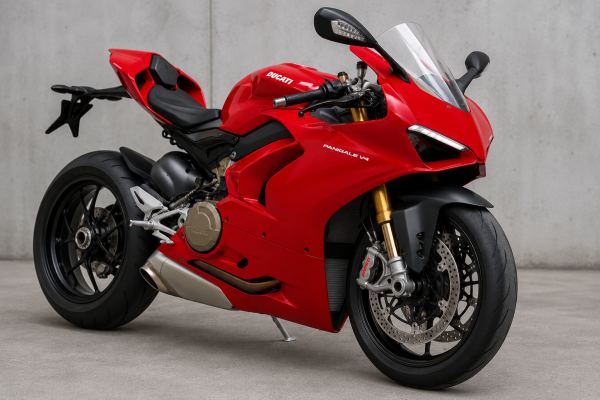 Ducati Panigale V4 in signature Ducati red: full fairing track-bred superbike with gold Ohlins forks and single-sided swingarm