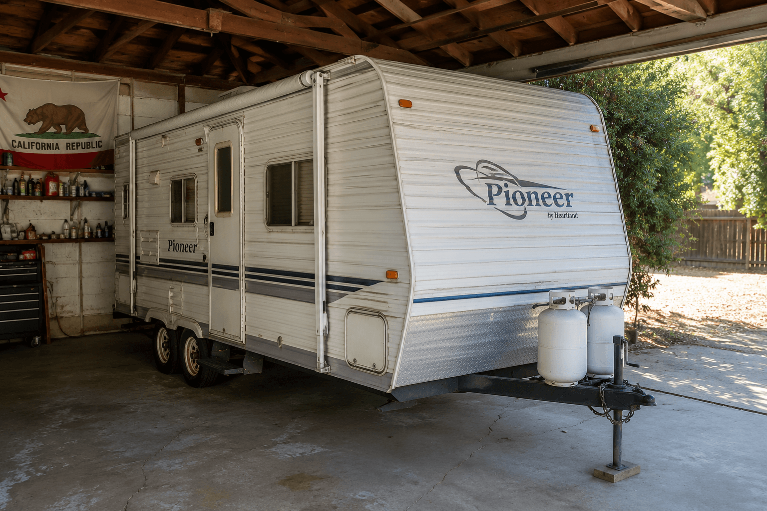 2006 Heartland Pioneer travel trailer parked under a carport in California, white exterior with Pioneer logo and tandem-axle frame