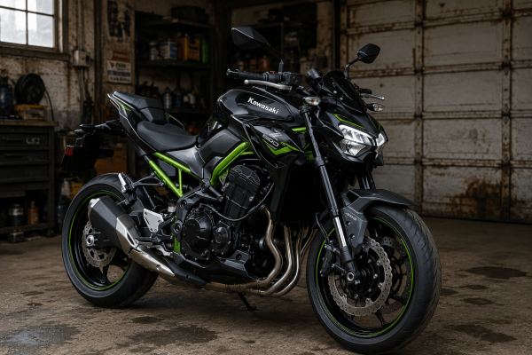 Kawasaki Z900 ABS in black with neon green frame: aggressive naked sportbike with exposed inline-four engine and stacked LED headlight