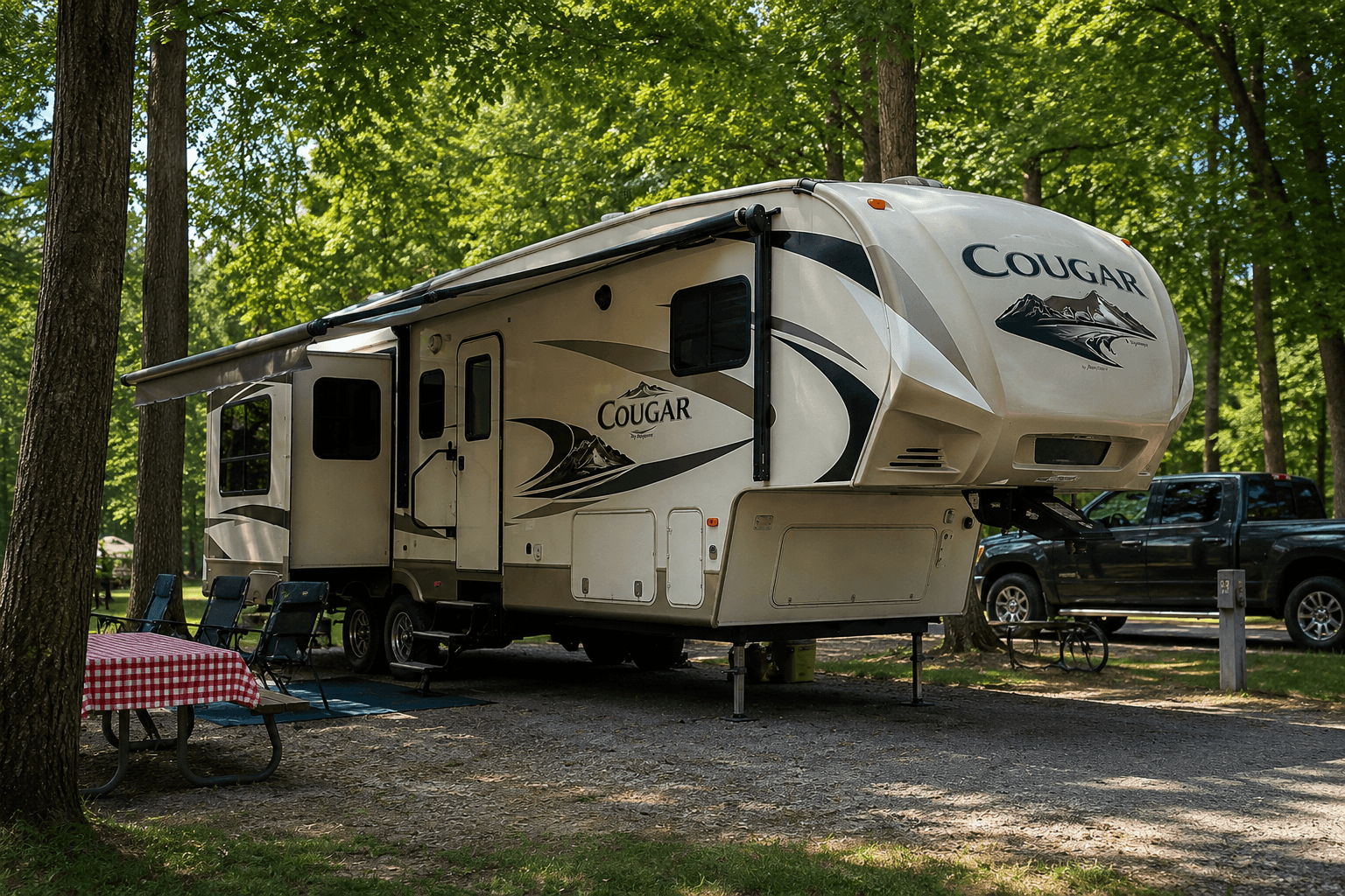 2011 Keystone Cougar fifth wheel parked at a wooded campsite, awning extended, hitched-cap silhouette with Cougar logo