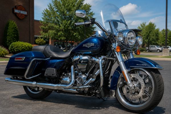 Harley-Davidson Road King in deep blue: chrome-trimmed touring cruiser parked outside a Harley-Davidson dealership in summer sunlight