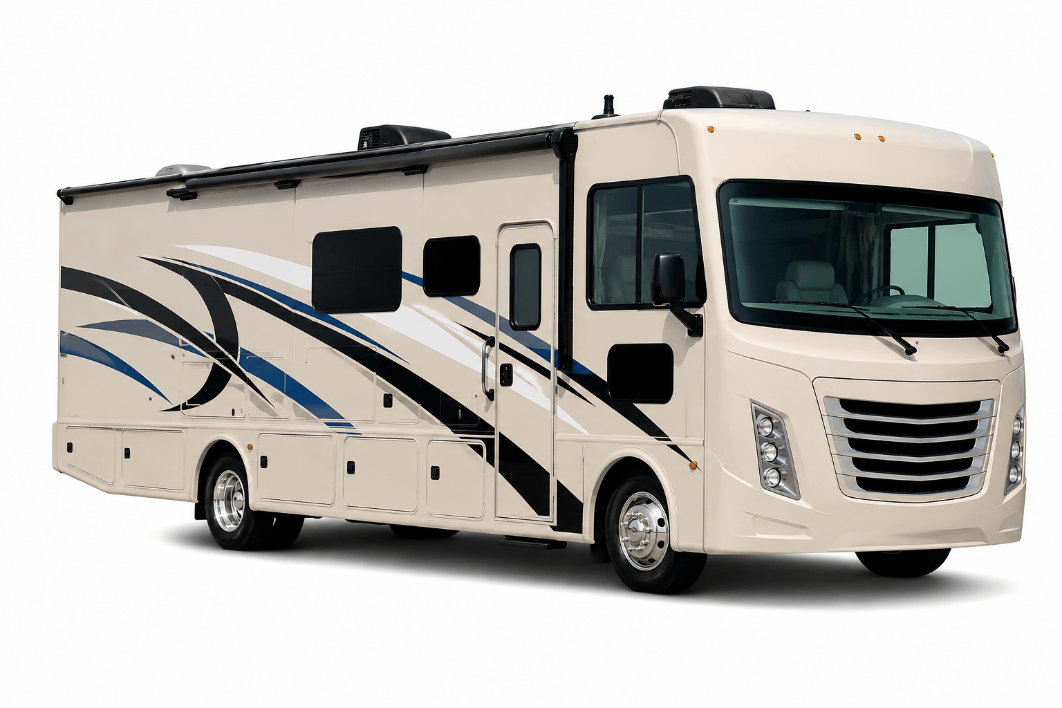 2024 Thor Motor Coach ACE Class A gas motorhome, cream and blue exterior with side door and side awning