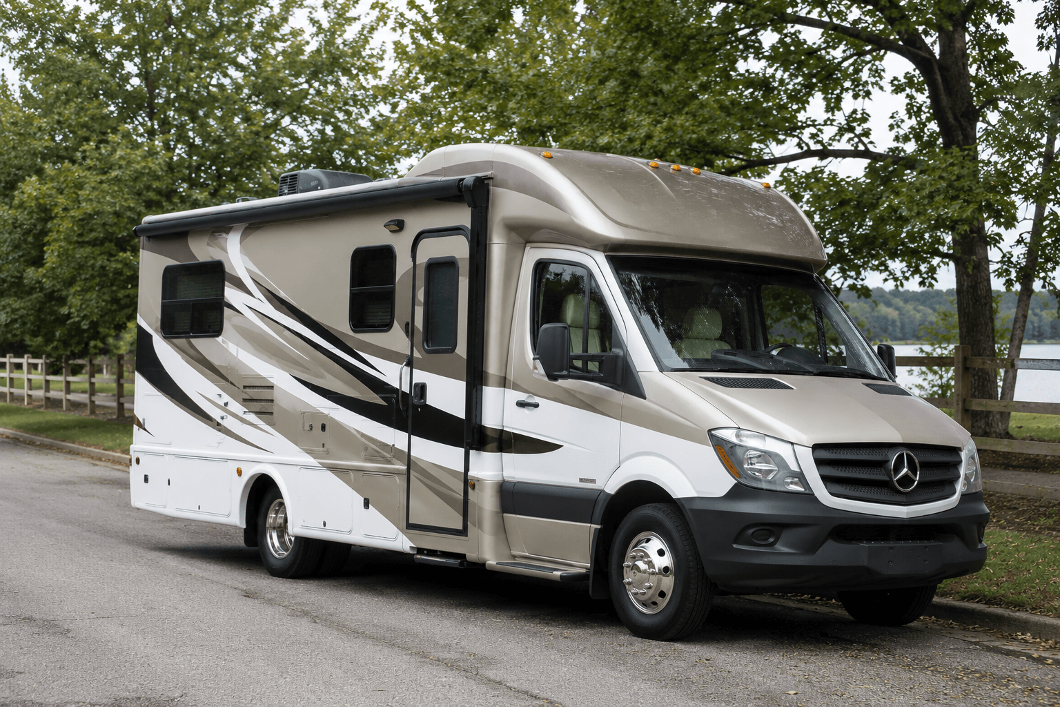 2016 Winnebago Aspect compact Class C motorhome on Mercedes Sprinter chassis, tan and white exterior with side door and awning