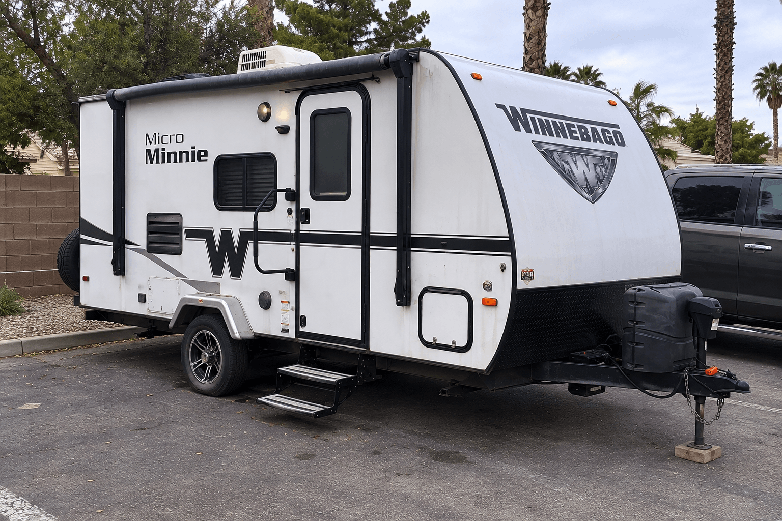 2020 Winnebago Micro Minnie compact travel trailer parked in a desert lot with palm trees, white exterior with bold black W graphic