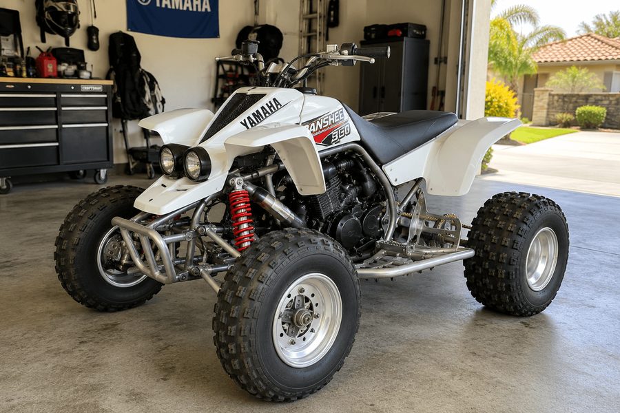 Yamaha Banshee 350 sport quad, twin-cylinder two-stroke engine, white bodywork, exposed trellis frame, red rear shock