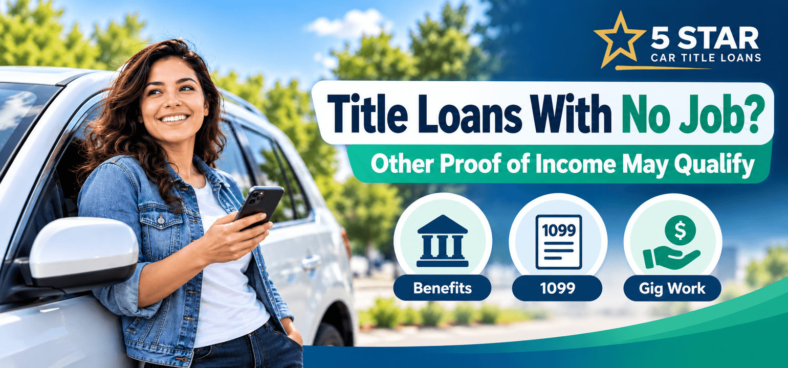 Woman beside a car showing alternative income options for a title loan, including benefits, 1099 income and gig work