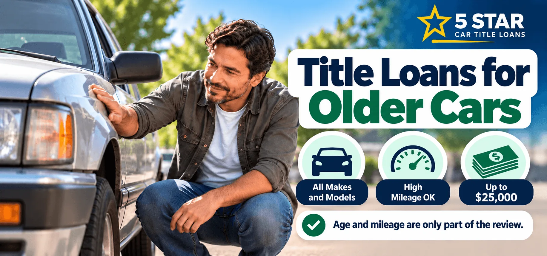Man checking an older silver car, with badges for all makes and models, high mileage OK and loans up to $25,000
